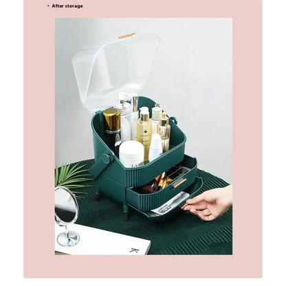 Dark Green Multifunctional Makeup Organizer with Large Capacity and Transparent Design(makeup is a Prop for Shooting