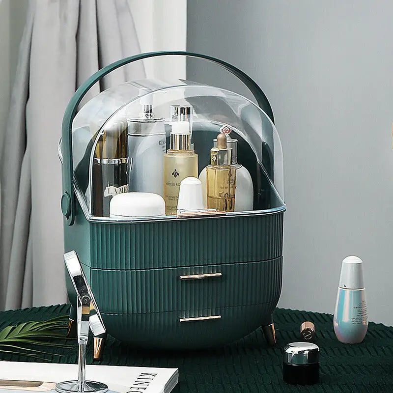 Dark Green Multifunctional Makeup Organizer with Large Capacity and Transparent Design(makeup is a Prop for Shooting