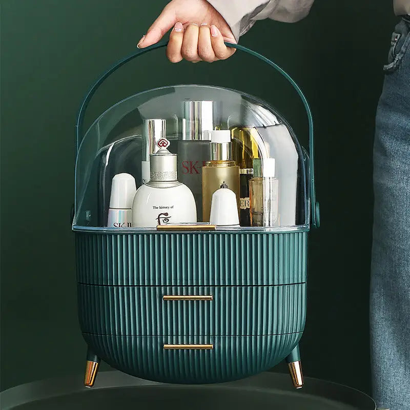 Dark Green Multifunctional Makeup Organizer with Large Capacity and Transparent Design(makeup is a Prop for Shooting