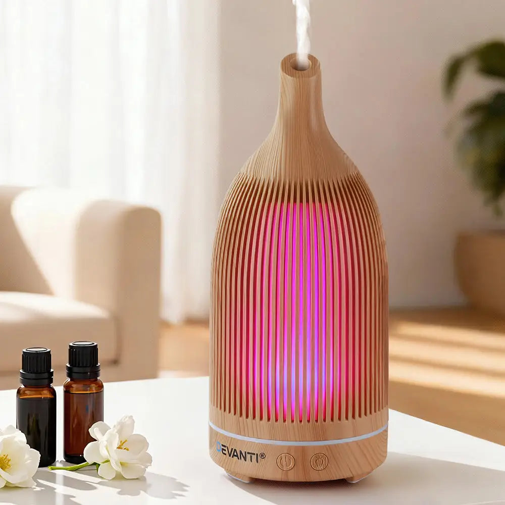 Devanti Ultrasonic Aroma Diffuser Aromatherapy 200ml Led Lights Iron Humidifier Forest Light Wood Grain