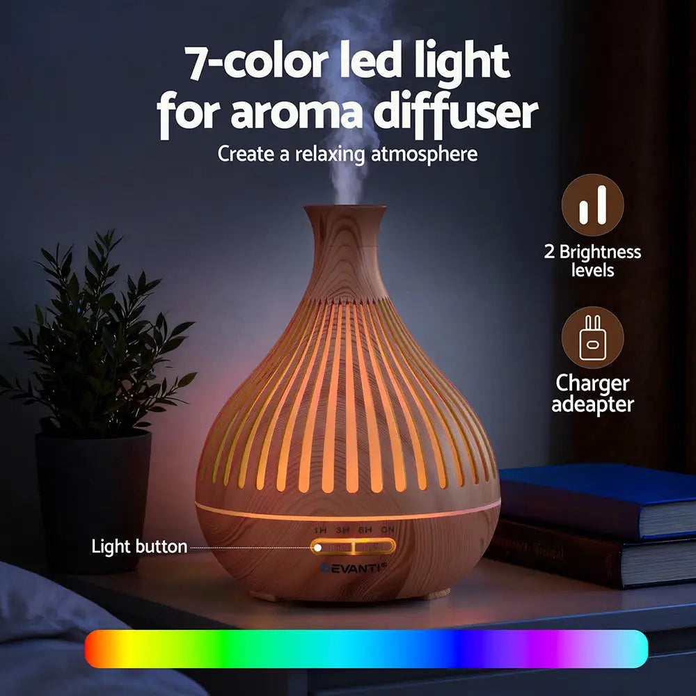 Devanti Ultrasonic Aroma Diffuser Aromatherapy 400ml Led Lights Iron Humidifier Forest Light Wood Grain