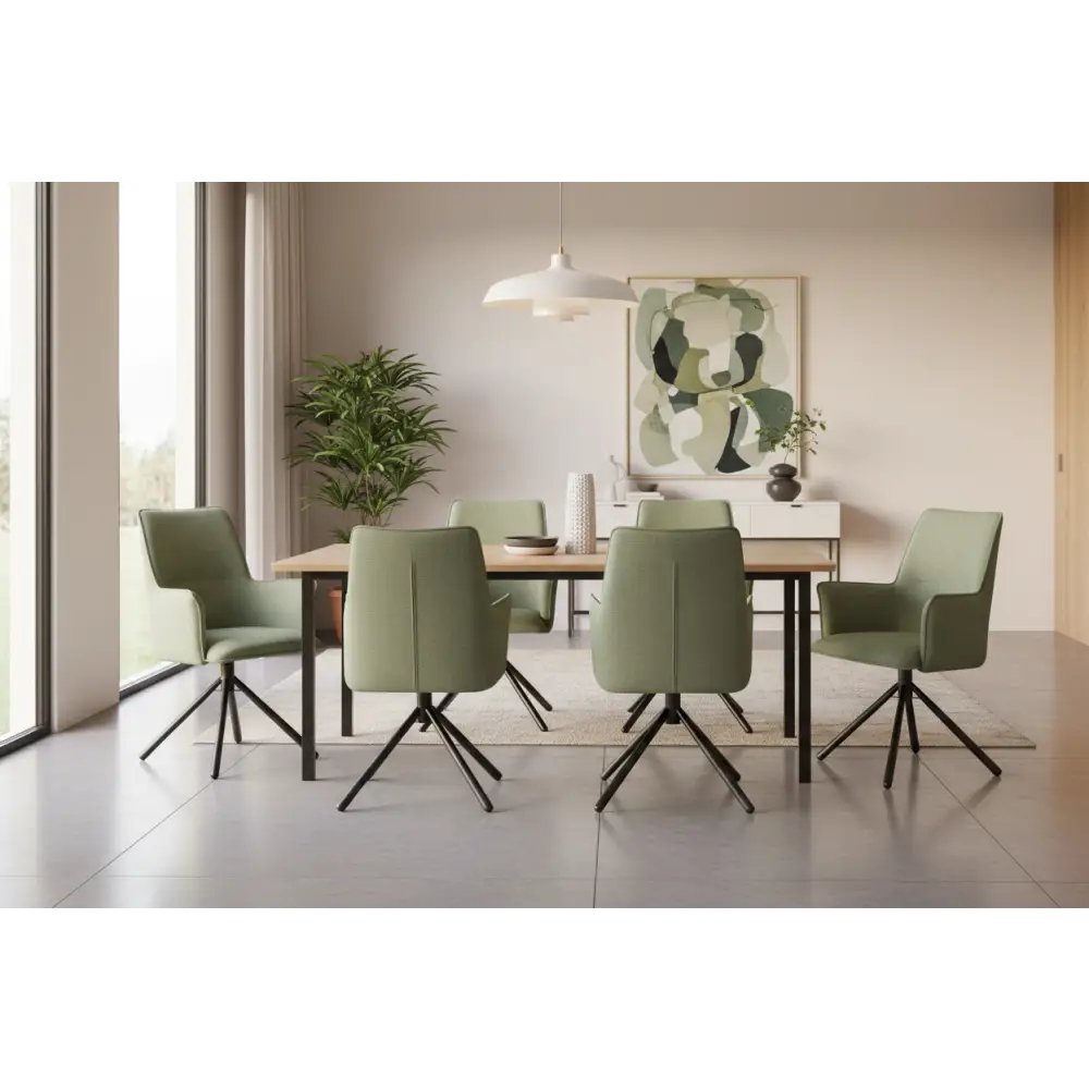 Dining Chair Green Linen Fabric Upholstered Seat Powder Coated Iron Legs