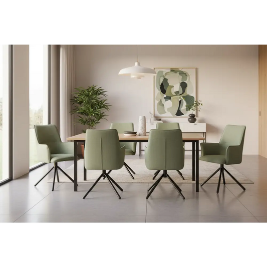Dining Chair Green Linen Fabric Upholstered Seat Powder Coated Iron Legs