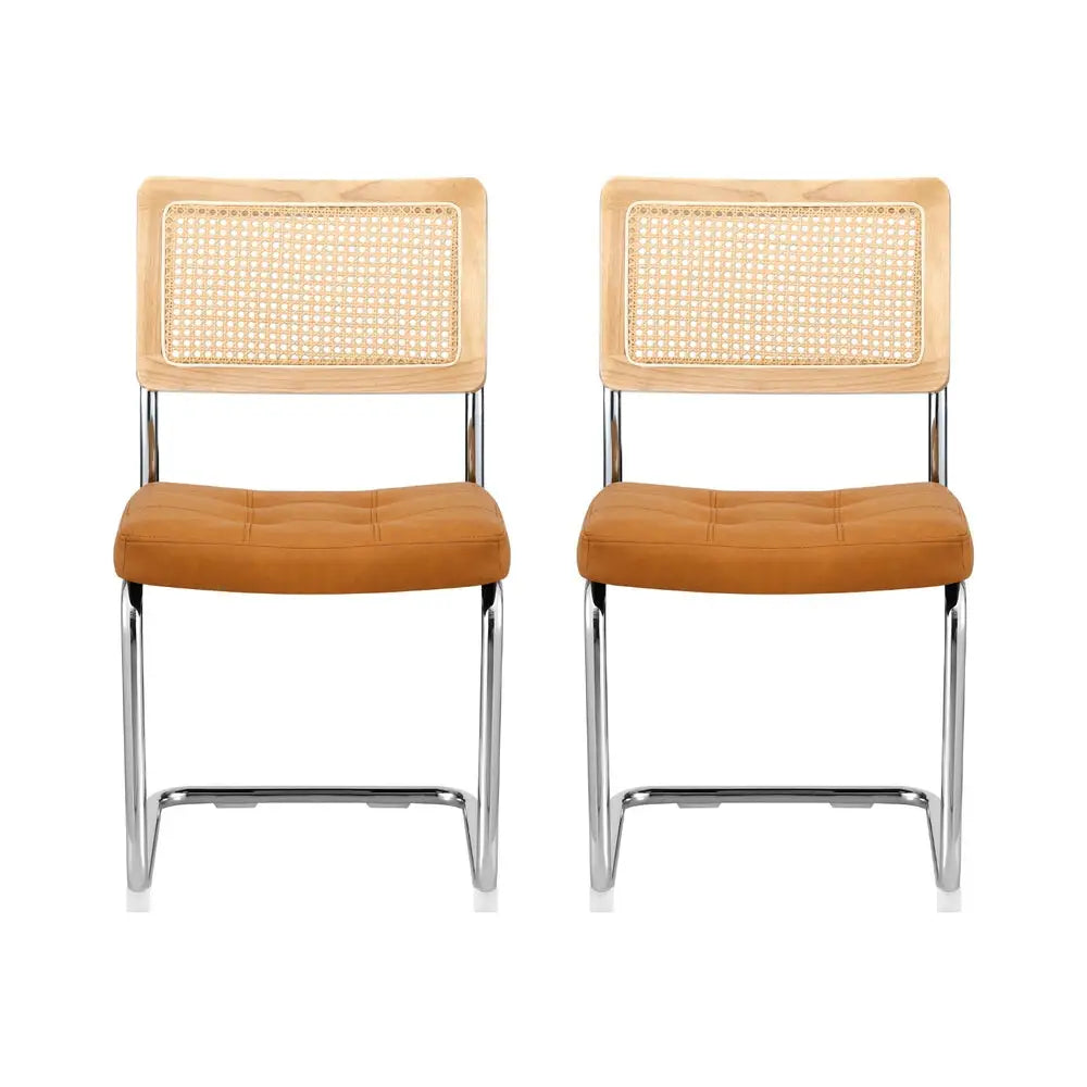 Dining Chairs Set of 2 Pu Leather Rattan Cantilever Brown