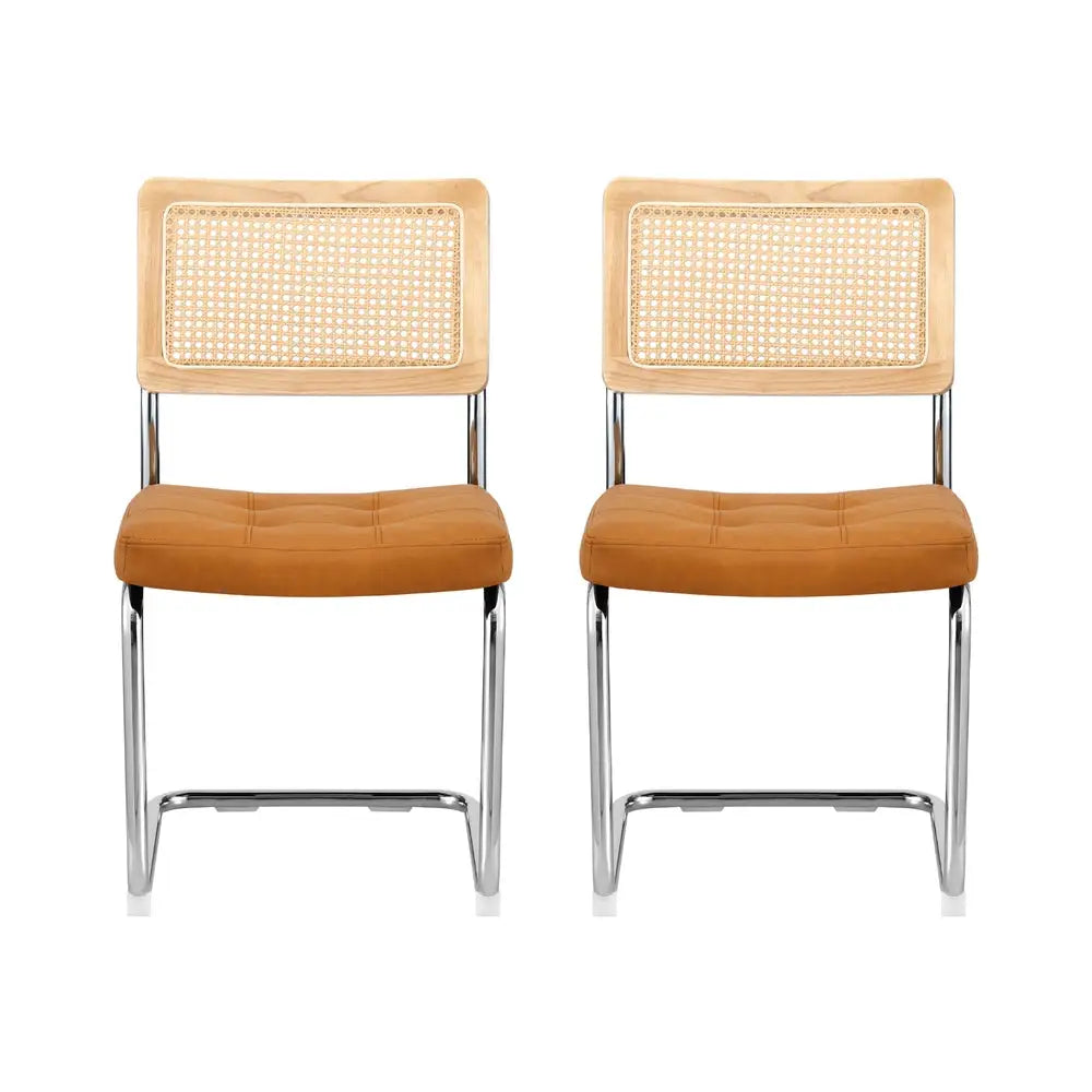 Dining Chairs Set of 2 Pu Leather Rattan Cantilever Brown