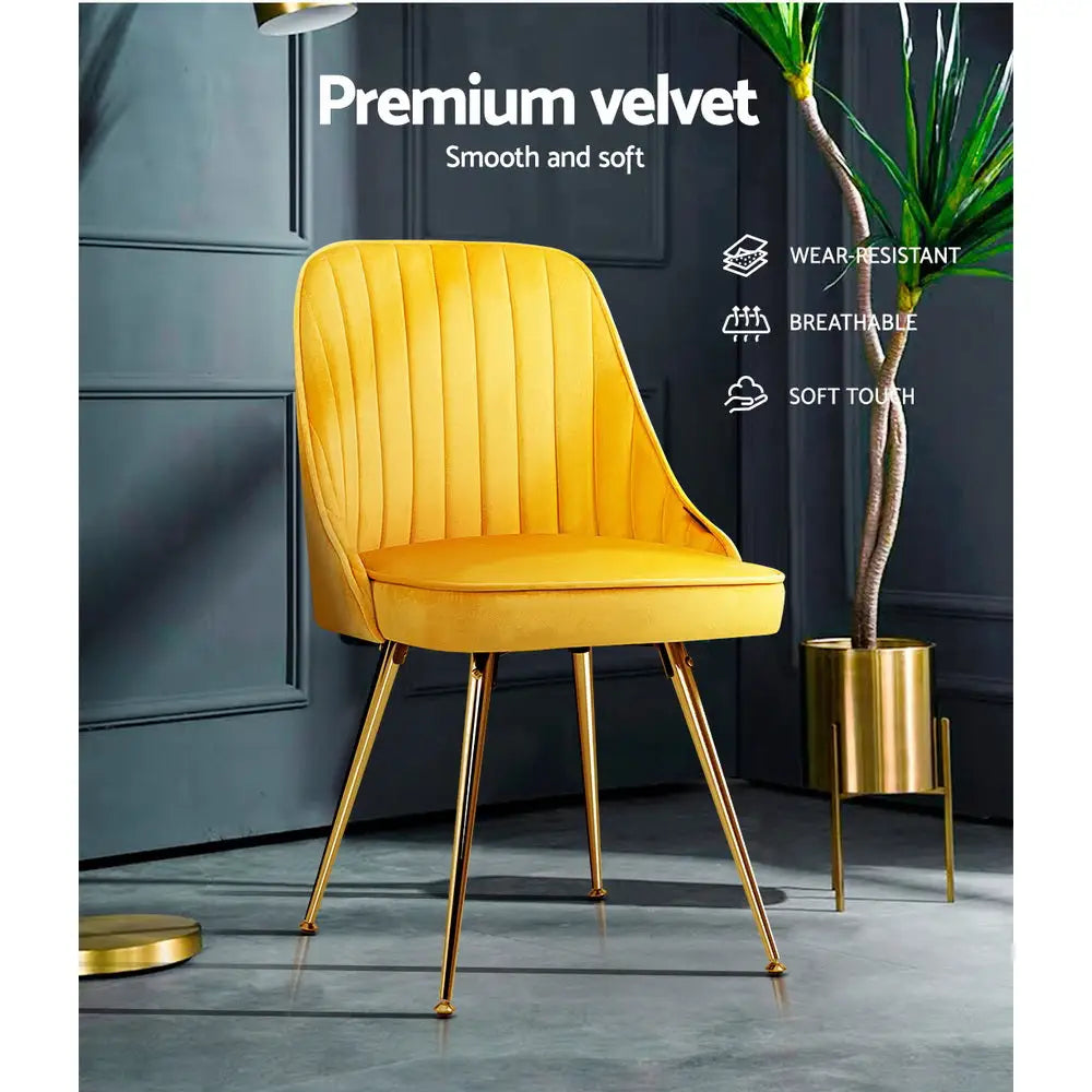 Dining Chairs Set of 2 Velvet Channel Tufted Yellow