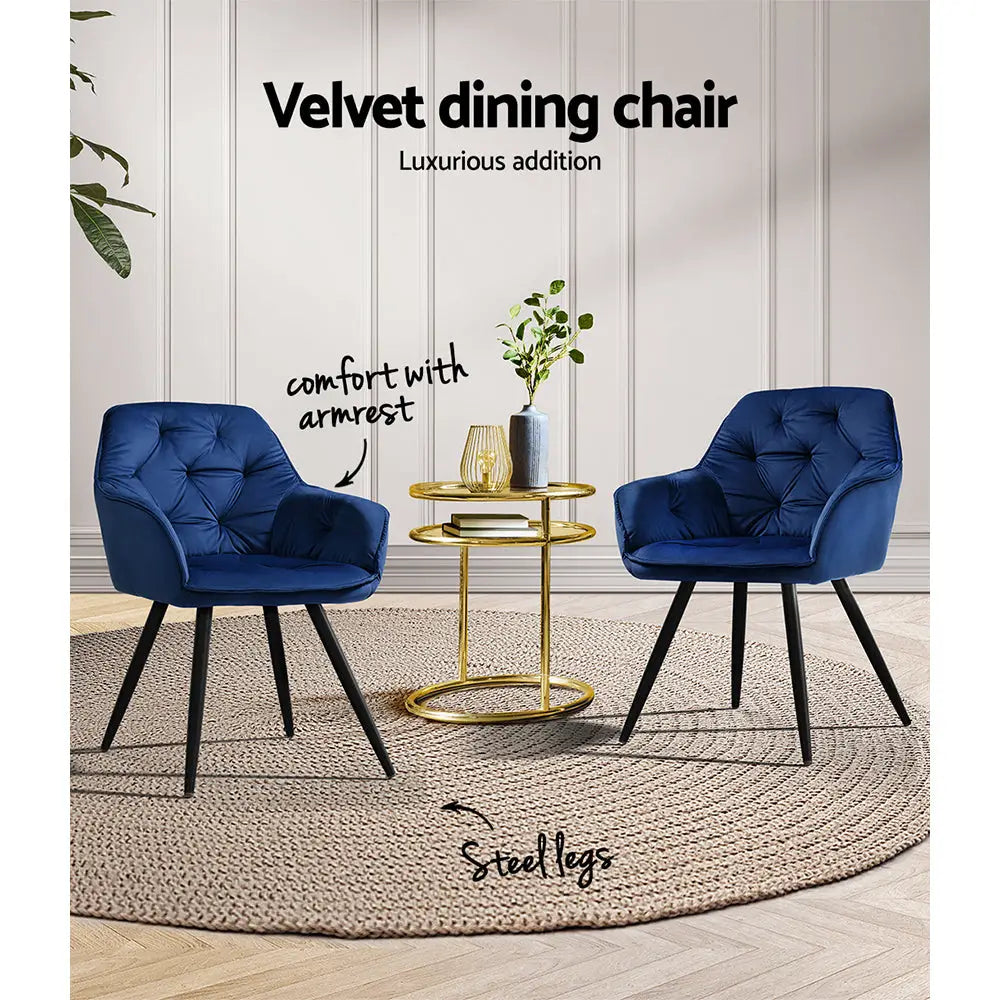 Dining Chairs Set of 2 Velvet Diamond Tufted Armchair Blue