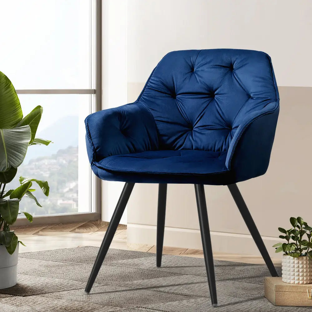 Dining Chairs Set of 2 Velvet Diamond Tufted Armchair Blue