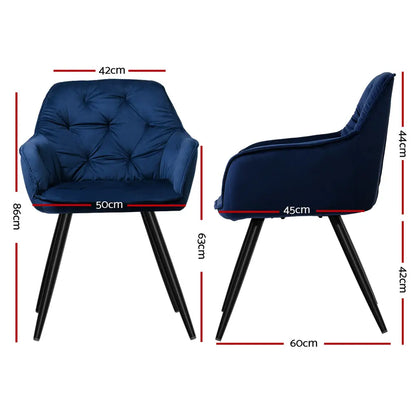 Dining Chairs Set of 2 Velvet Diamond Tufted Armchair Blue
