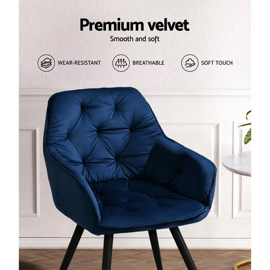 Dining Chairs Set of 2 Velvet Diamond Tufted Armchair Blue