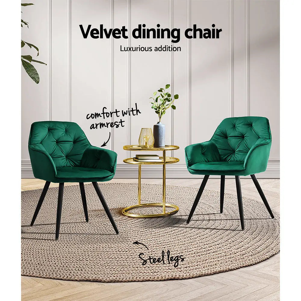 Dining Chairs Set of 2 Velvet Diamond Tufted Armchair Green