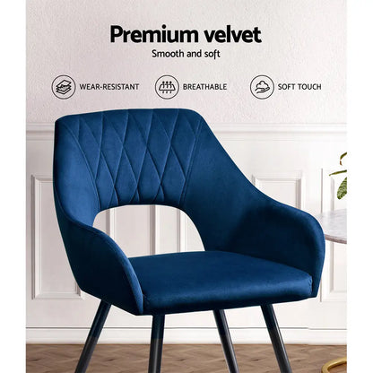 Dining Chairs Set of 2 Velvet Hollow Armchair Blue