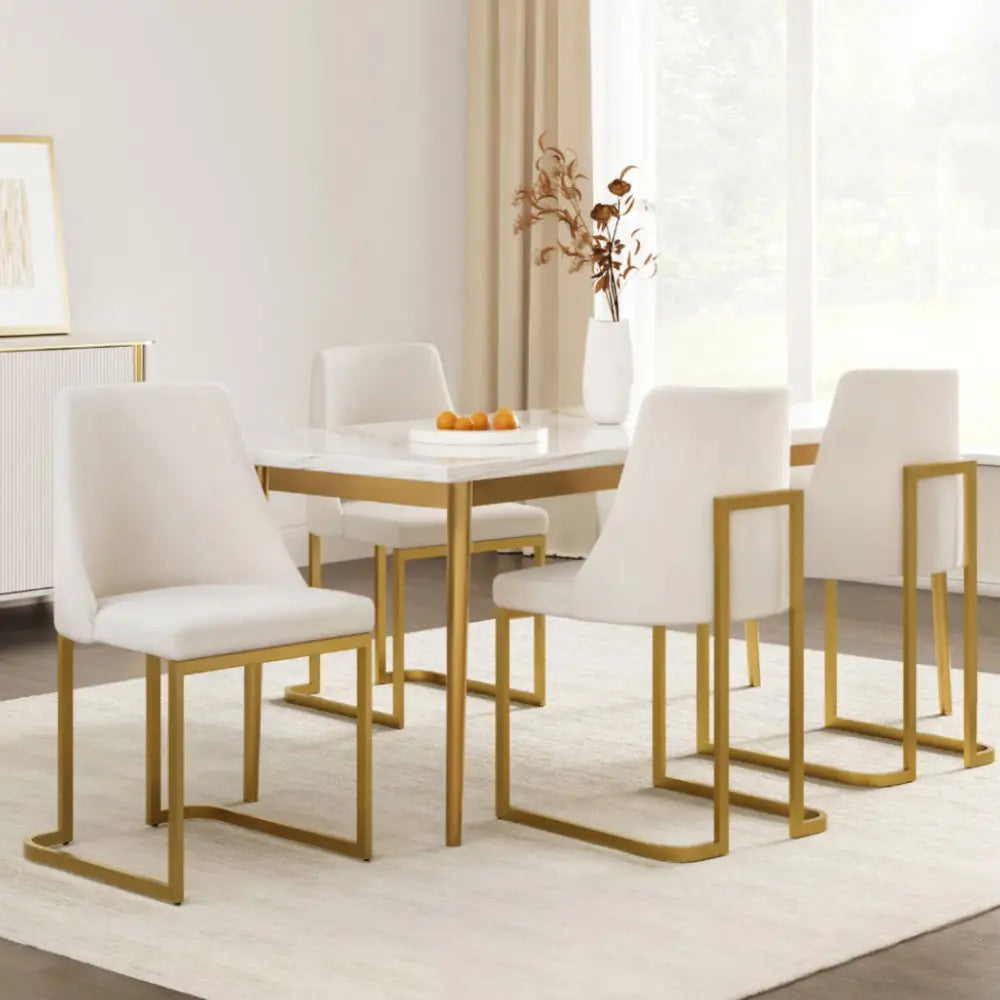 Dining Chairs Set of 4 Linen Fabric Frame Beige