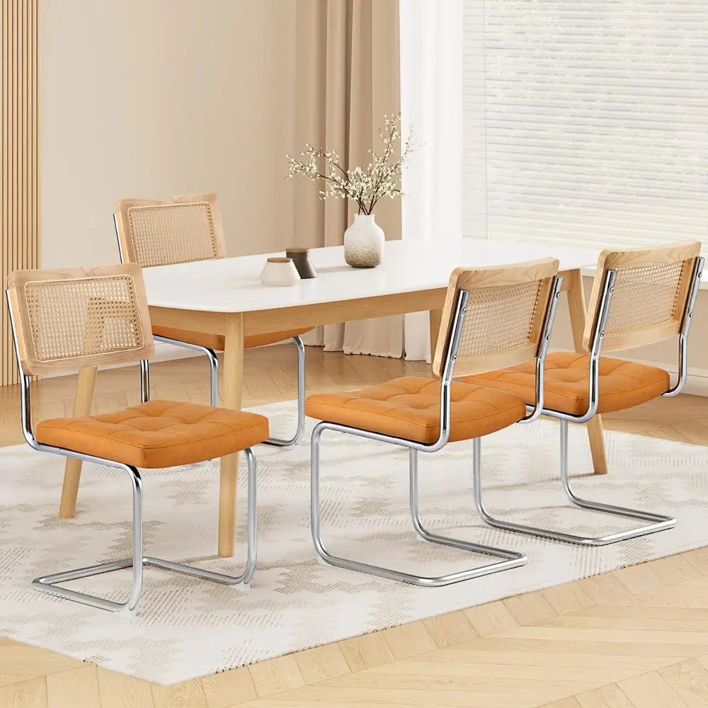 Dining Chairs Set of 4 Pu Leather Rattan Cantilever Brown