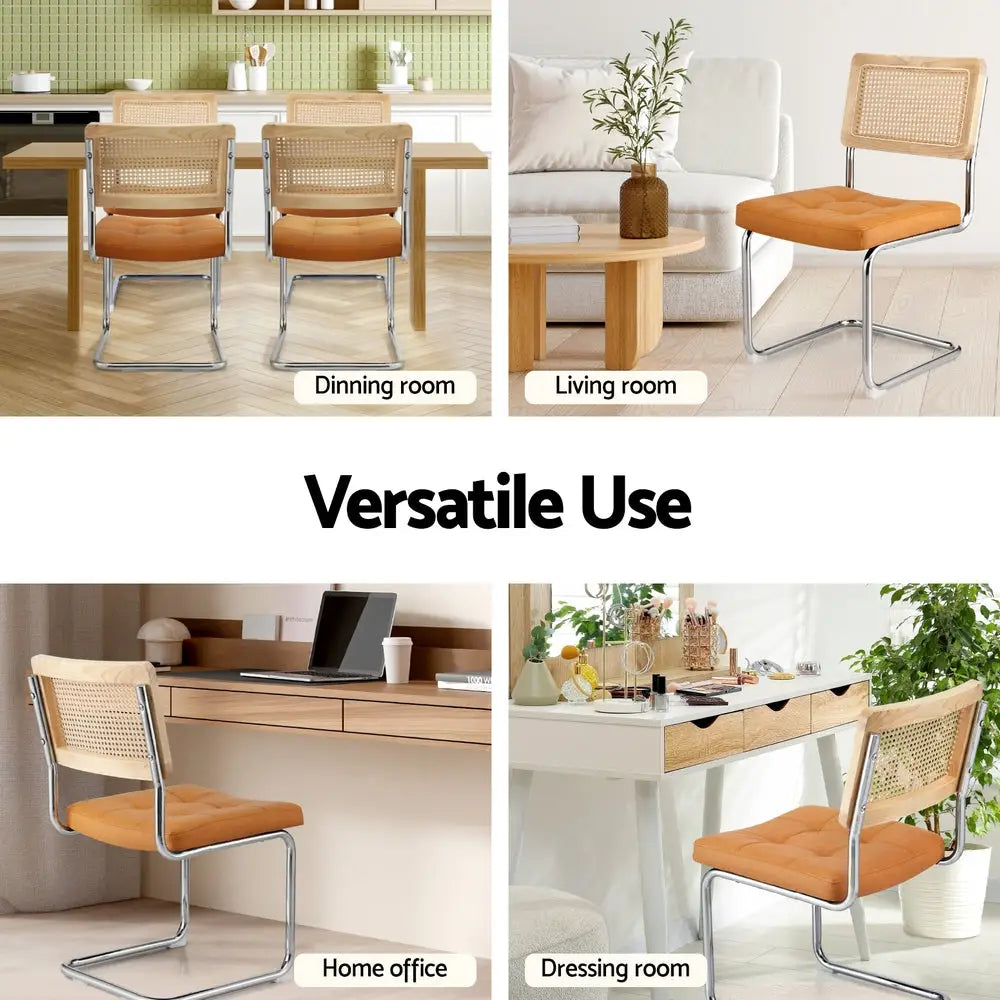 Dining Chairs Set of 4 Pu Leather Rattan Cantilever Brown