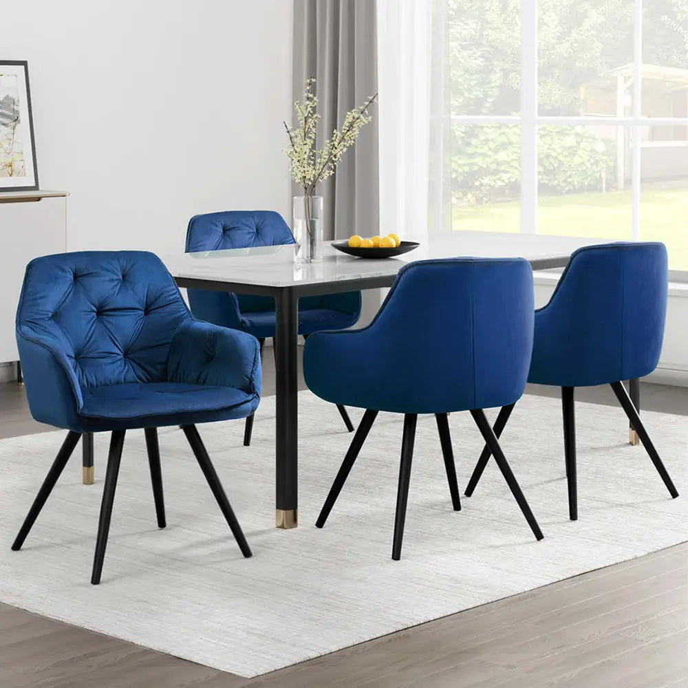 Dining Chairs Set of 4 Velvet Diamond Tufted Armchair Blue