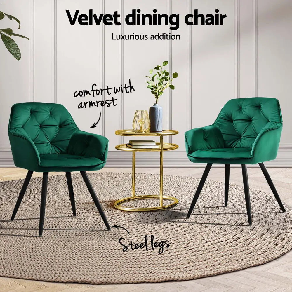 Dining Chairs Set of 4 Velvet Diamond Tufted Armchair Green