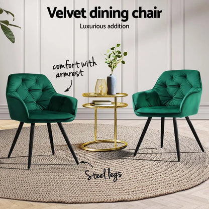 Dining Chairs Set of 4 Velvet Diamond Tufted Armchair Green
