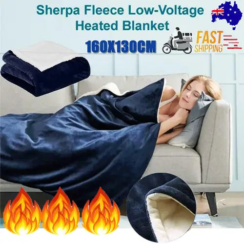 Double-side Flannel Heated Electric Throw Rug Blanket Fast Heating Warm Washable Blue