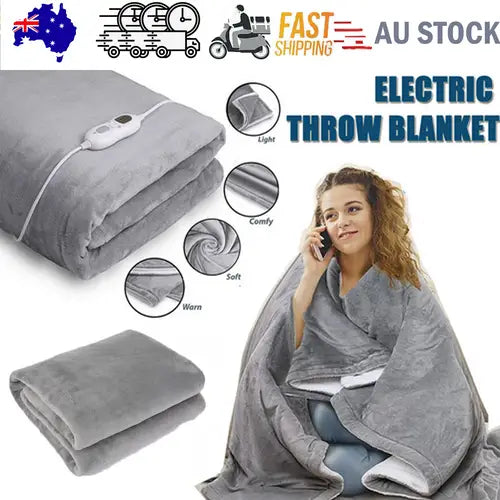 Double-side Flannel Heated Electric Throw Rug Blanket Fast Heating Warm Washable Grey