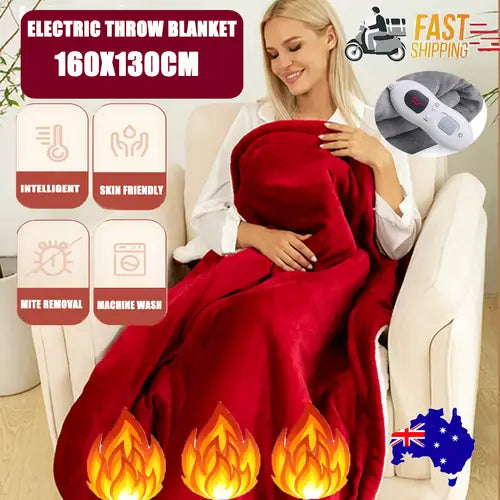 Double-side Flannel Heated Electric Throw Rug Blanket Fast Heating Warm Washable Red