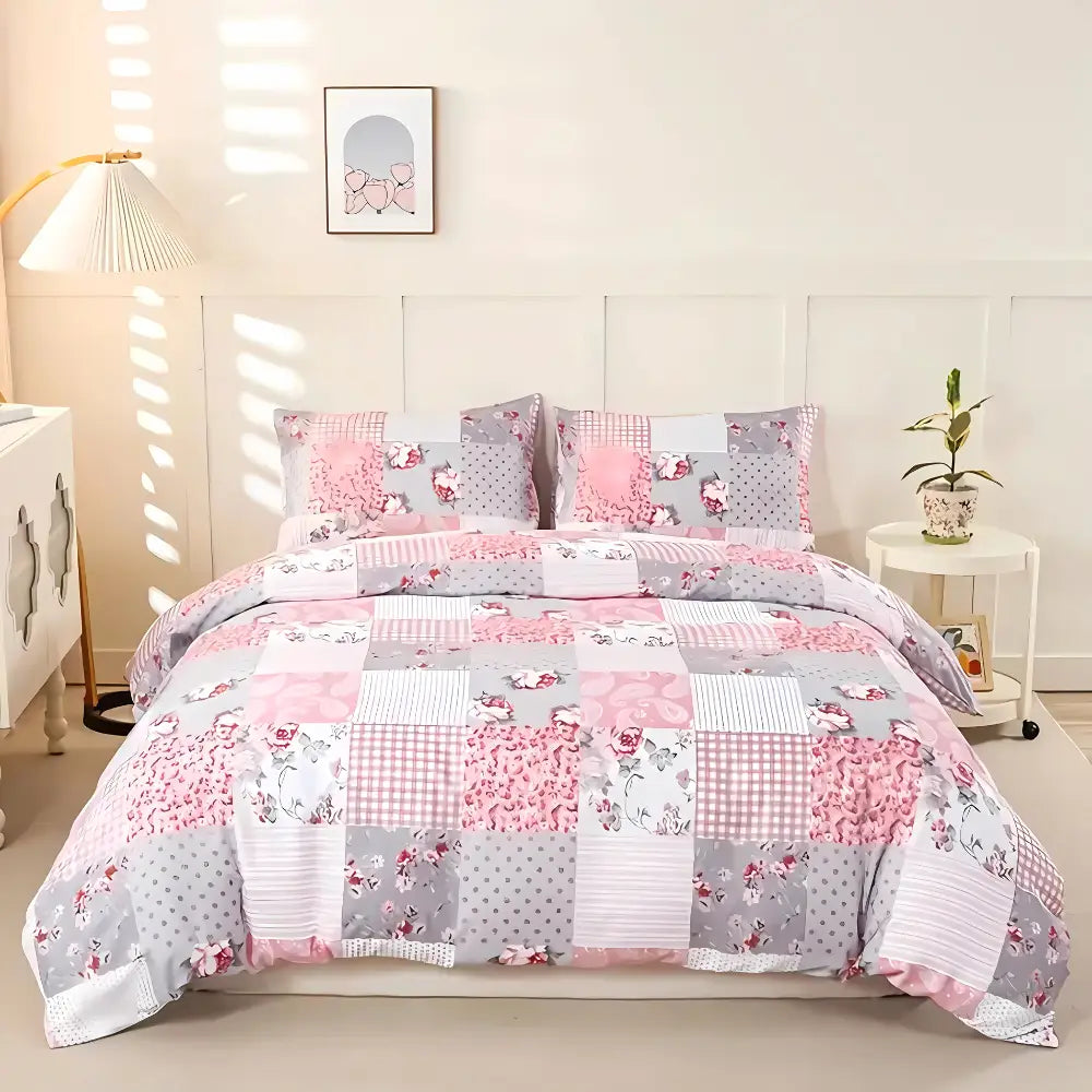 Dreamfields - Soft Pink Plaid Quilt Cover Set - (3pcs Queen Size)