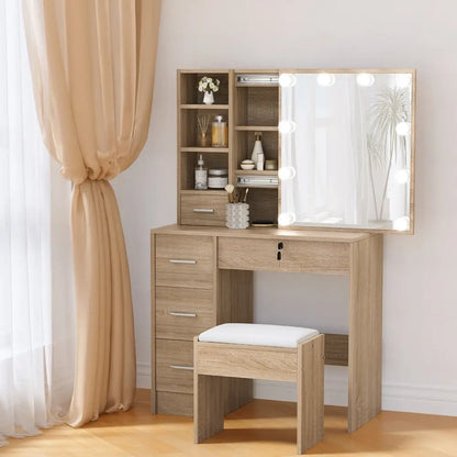 Dressing Table Set Stool 10 Led Bulbs Wood