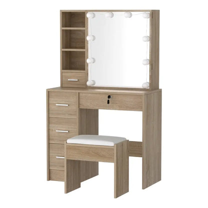 Dressing Table Set Stool 10 Led Bulbs Wood