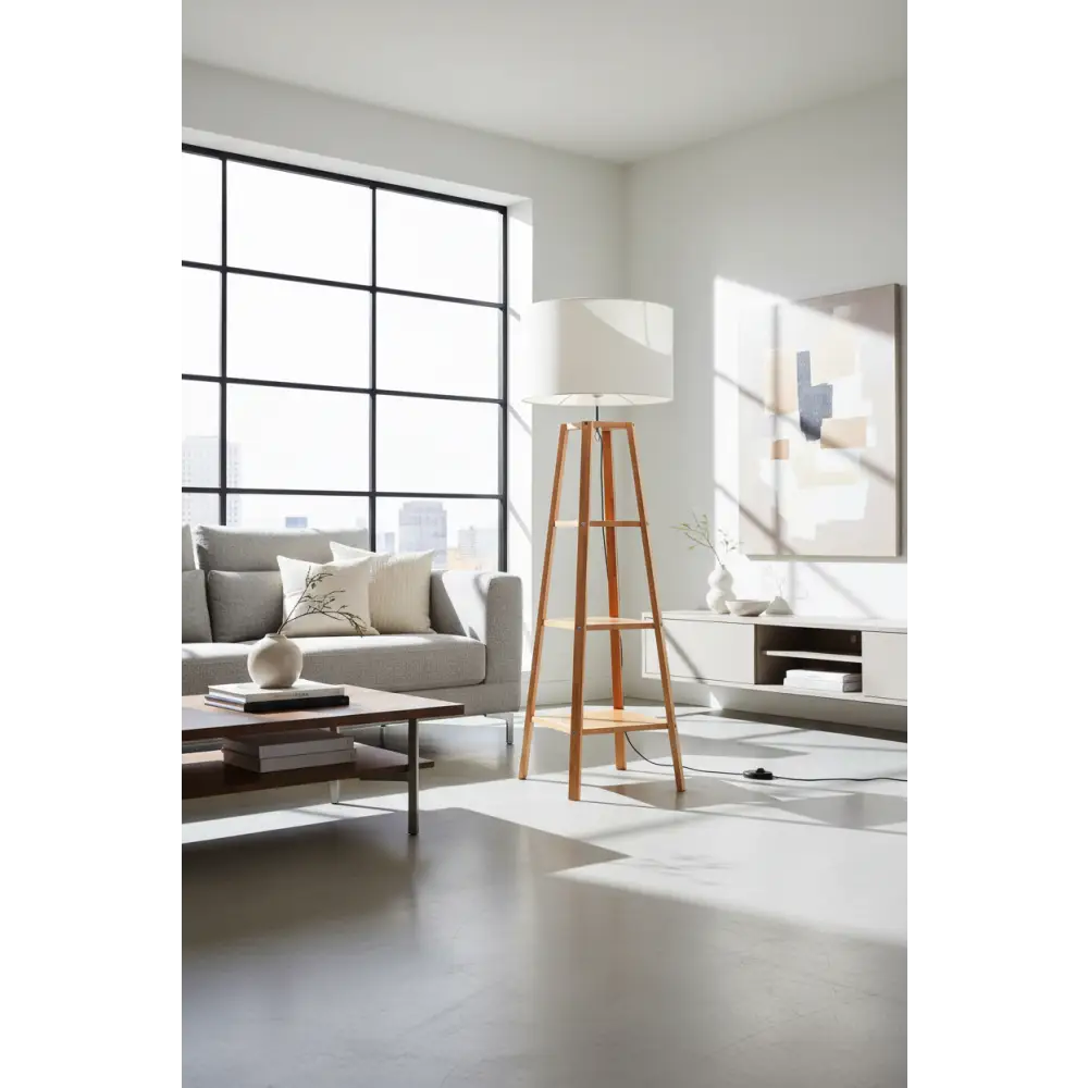 Eiffel 3 Tier Natural Wood Floor Lamp W/ Storage Shelves + off White Linen Shade