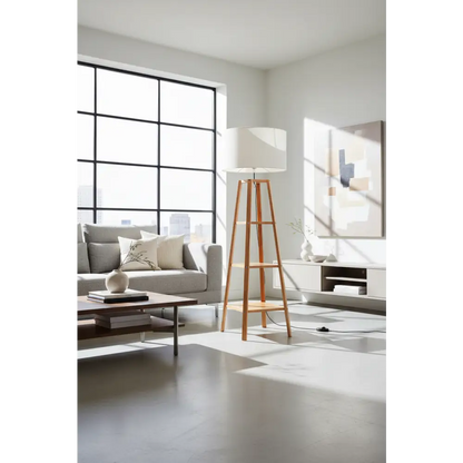 Eiffel 3 Tier Natural Wood Floor Lamp W/ Storage Shelves + off White Linen Shade
