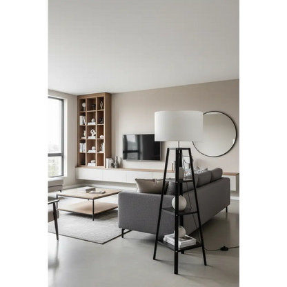 Eiffel 3 Tier Natural Wood Floor Lamp W/ Storage Shelves + off White Linen Shade