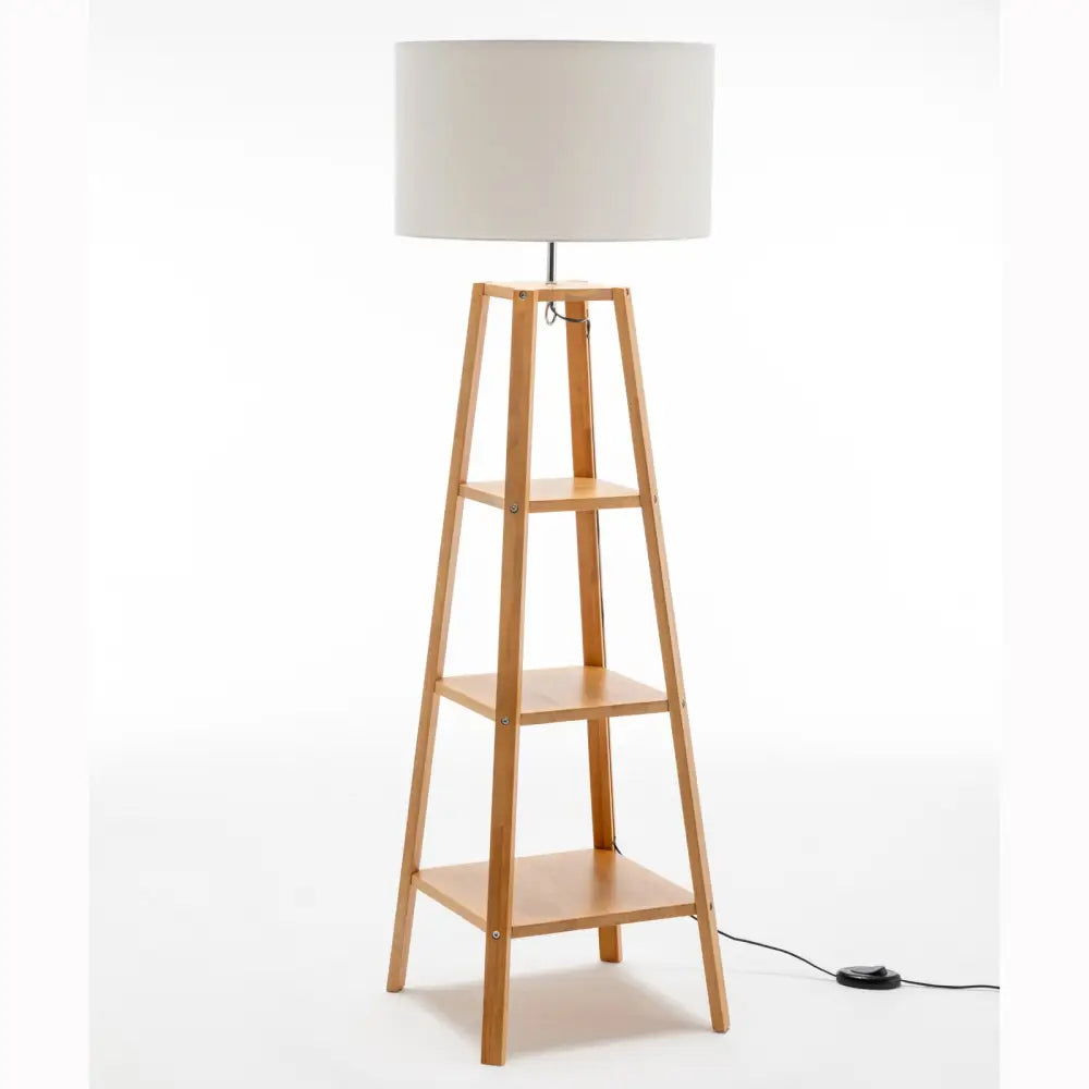 Eiffel 3 Tier Natural Wood Floor Lamp W/ Storage Shelves + off White Linen Shade