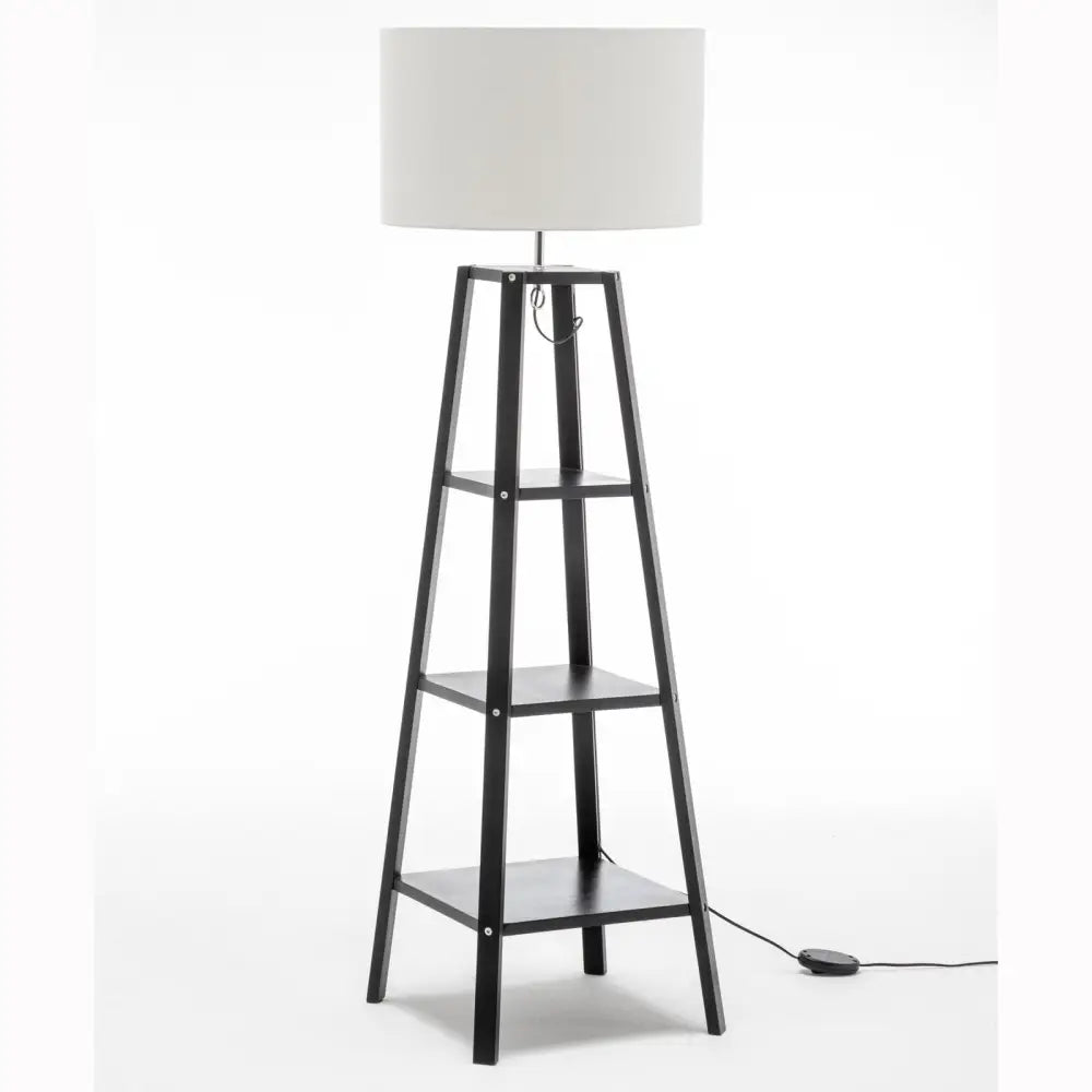 Eiffel 3 Tier Natural Wood Floor Lamp W/ Storage Shelves + off White Linen Shade