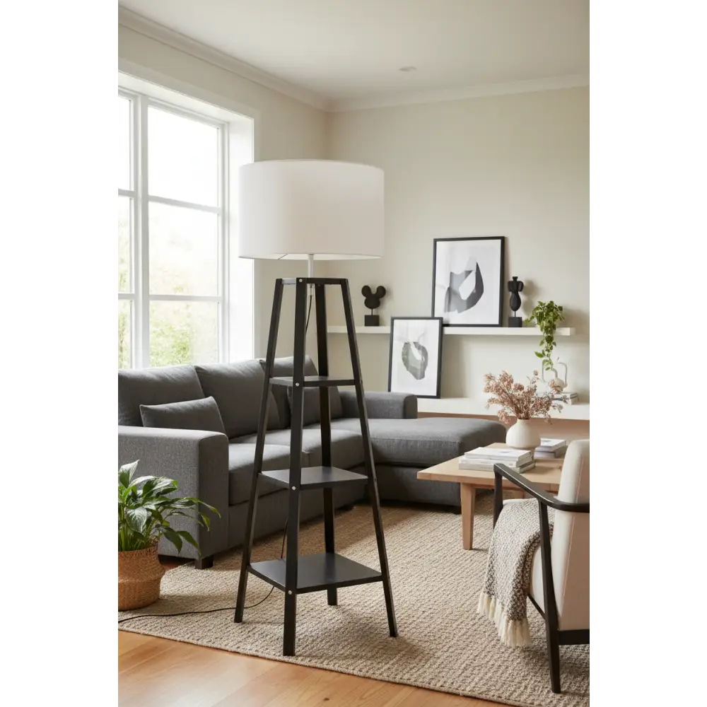 Eiffel 3 Tier Natural Wood Floor Lamp W/ Storage Shelves + off White Linen Shade