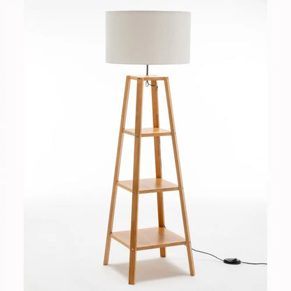 Eiffel 3 Tier Natural Wood Floor Lamp W/ Storage Shelves + off White Linen Shade