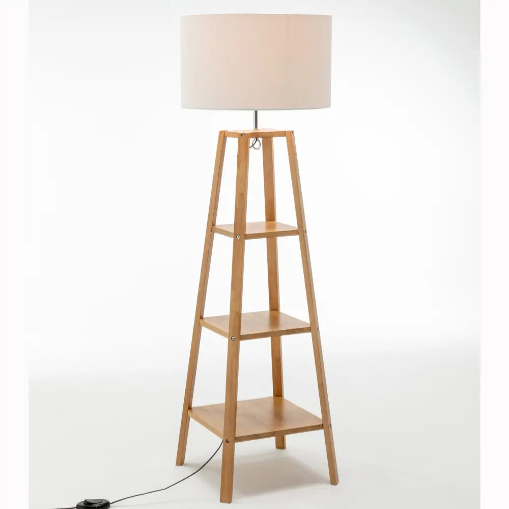 Eiffel 3 Tier Natural Wood Floor Lamp W/ Storage Shelves + off White Linen Shade