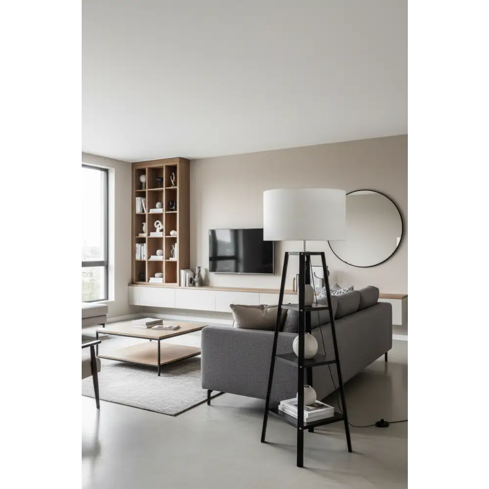Eiffel 3 Tier Natural Wood Floor Lamp W/ Storage Shelves + off White Linen Shade