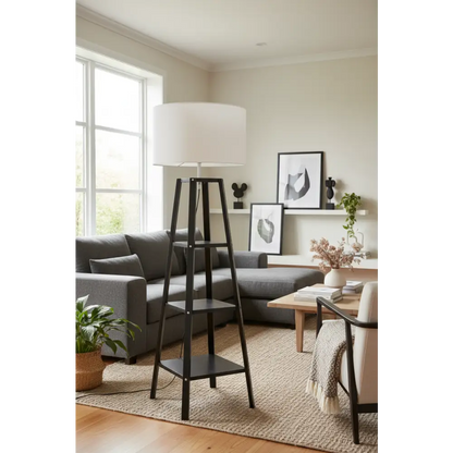 Eiffel 3 Tier Natural Wood Floor Lamp W/ Storage Shelves + off White Linen Shade