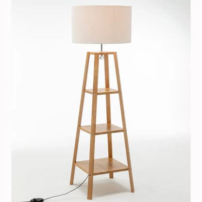 Eiffel 3 Tier Natural Wood Floor Lamp W/ Storage Shelves + off White Linen Shade