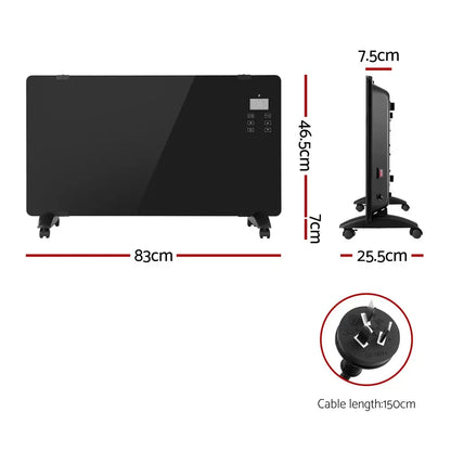 Electric Convection Heater Black 2000w | Black Glass Panel Electric Heater