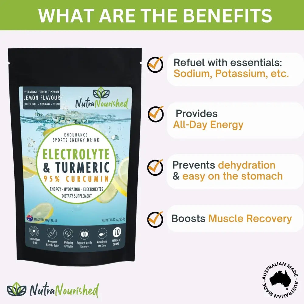 Electrolyte Powder & 95% Pure Organic Curcumin -lemon Flavour | Black Pouch Nutranourished Electrolyte