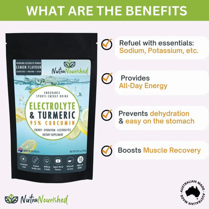Electrolyte Powder & 95% Pure Organic Curcumin -lemon Flavour | Black Pouch Nutranourished Electrolyte
