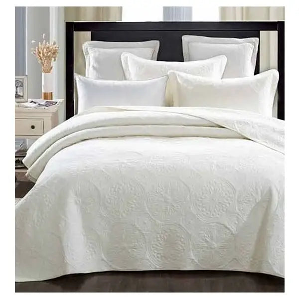 Elegant Ivory 100% Cotton Quilted 3 Pcs Bedspread Coverlet Set Super King