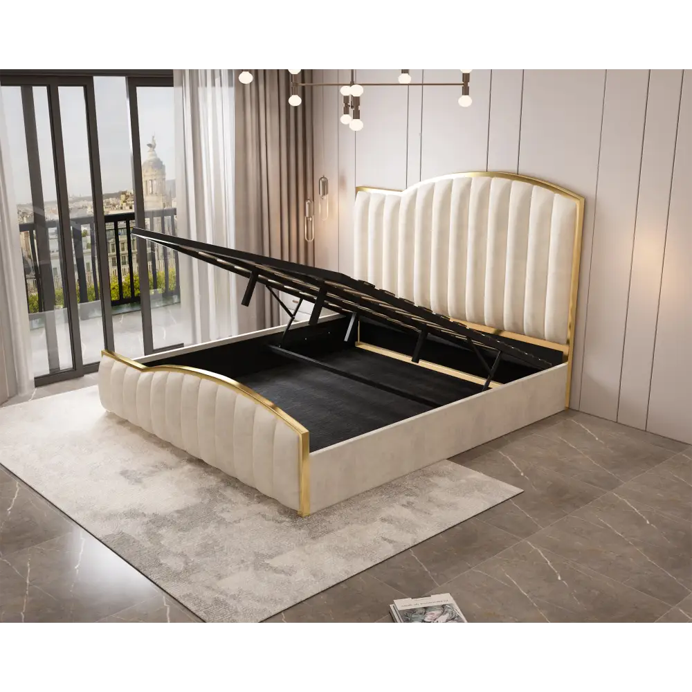 Elegant Luxury King Size Bedframe in Beige with Gas Lift Storage Velvet Fabric Golden Trim