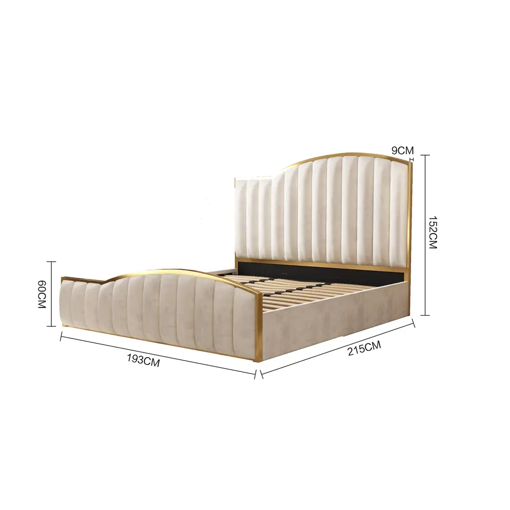 Elegant Luxury King Size Bedframe in Beige with Gas Lift Storage Velvet Fabric Golden Trim