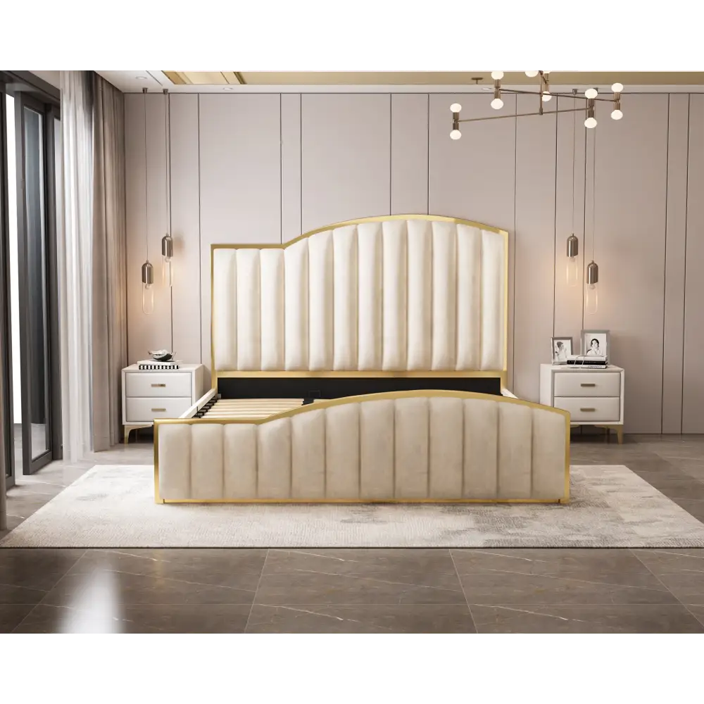 Elegant Luxury King Size Bedframe in Beige with Gas Lift Storage Velvet Fabric Golden Trim