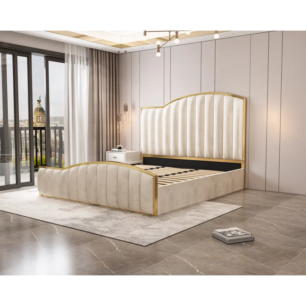 Elegant Luxury King Size Bedframe in Beige with Gas Lift Storage Velvet Fabric Golden Trim