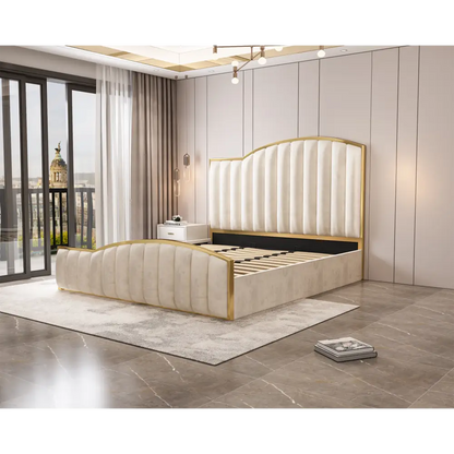 Elegant Luxury King Size Bedframe in Beige with Gas Lift Storage Velvet Fabric Golden Trim