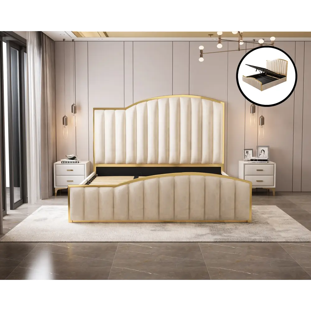 Elegant Luxury King Size Bedframe in Beige with Gas Lift Storage Velvet Fabric Golden Trim