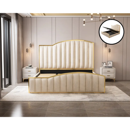 Elegant Luxury King Size Bedframe in Beige with Gas Lift Storage Velvet Fabric Golden Trim